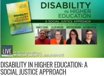 Green background to the left is a book with the words disability in higher education. On the right images of four white cis-gender women with glasses.